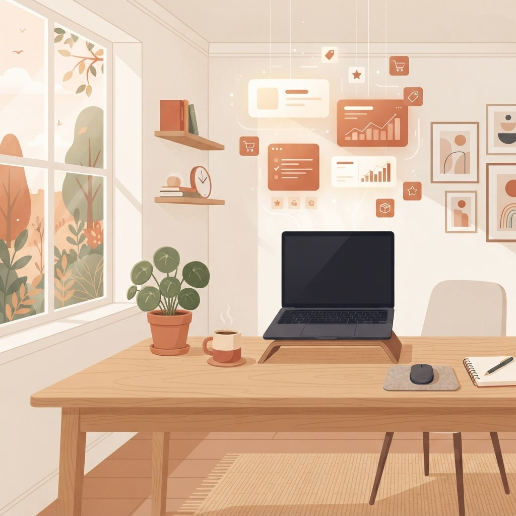 Illustration of a calm home office with a laptop, plant, and floating product data cards