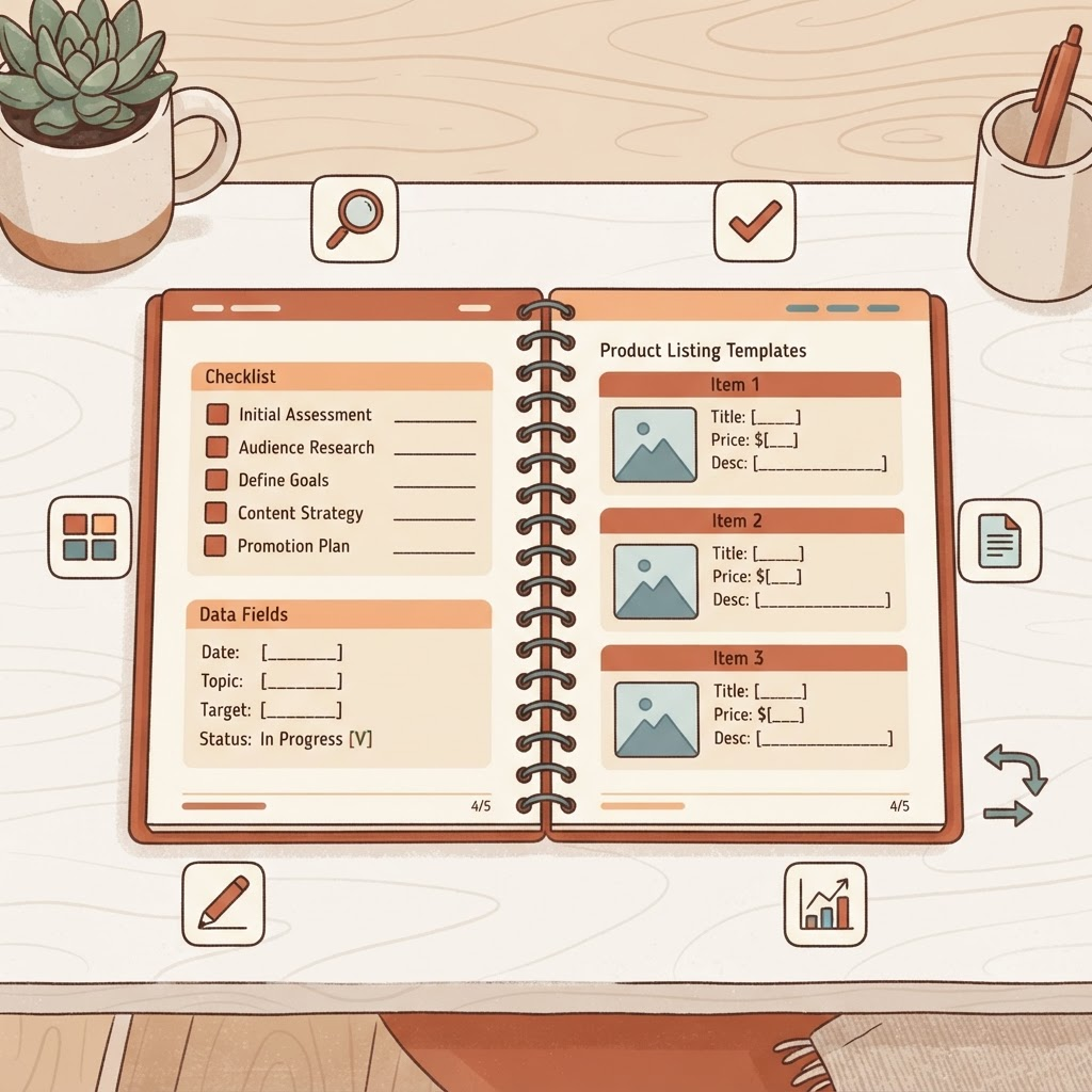 Illustration of the PDF toolkit with checklist pages, templates and module cards