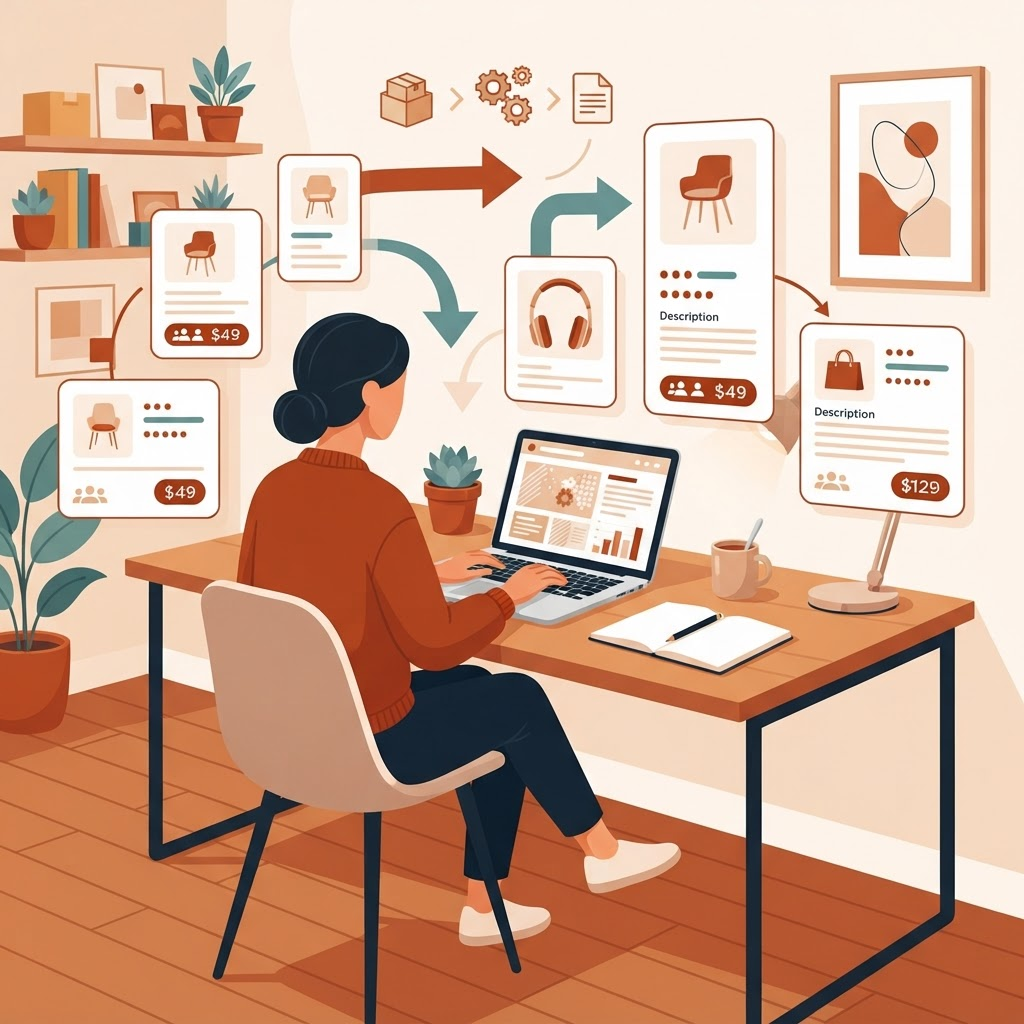 Illustration of a remote workspace with product listing cards and AI workflow arrows